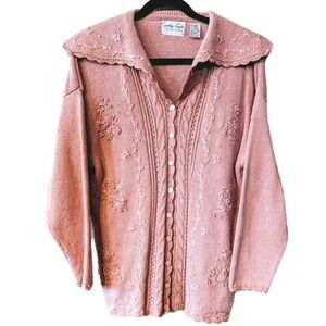 Powder Pink Embroidered Cardigan Med Women Sailor Collar Soft Girl  Cottage Core